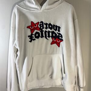 Y2K White Fleece Pullover Hoodie | Gothic Script & Angry Star Appliqué (Size M)
